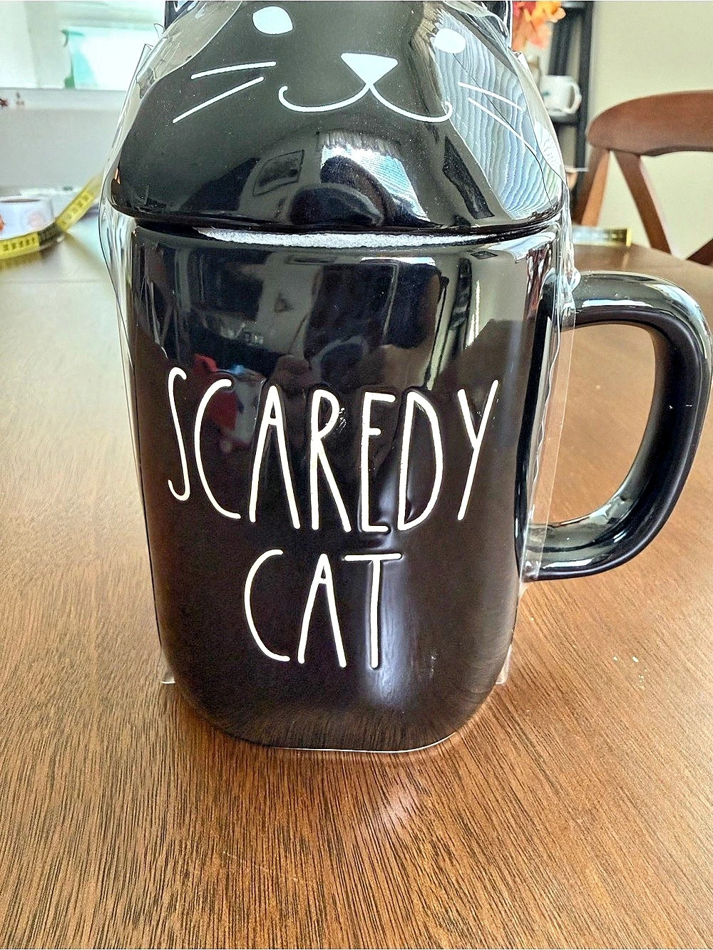 NEW! Rae Dunn Scaredy Cat Black Ceramic Mug with Lid Mug with Lid